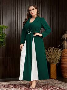 Modelyn Plus Size Color Block Plisowana Sukienka Z Kołnierzykiem Z Klapami I Paskiem W Talii Maxi Strój Damski Długie Sukienki Wieczorowe