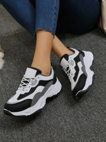 2025 Autumn Sneakers For Women New Round Toe Thick-Soled Colorblock Athletic Shoes For Women With Lace-Up Design - Black and White - View 6