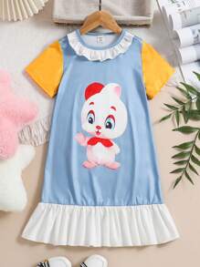 Baby Girl Cute Cartoon Print Contrast Sleeve Ruffle Hem Nightgown - Blue - View 1