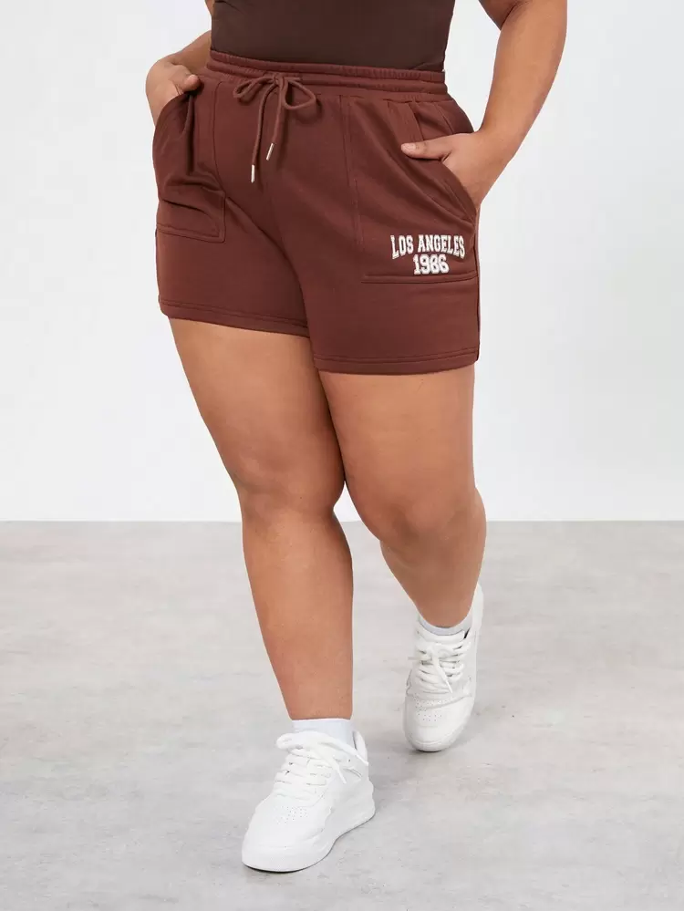 Plus Size Women's Letter Printed Drawstring Waist Shorts