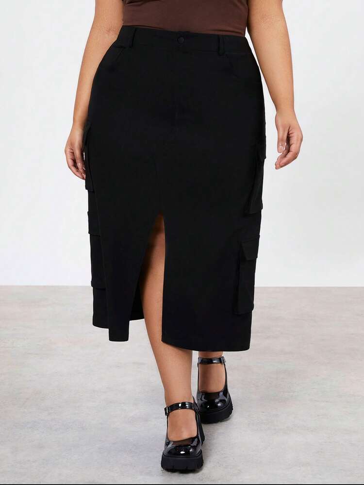 Plus Size Women's Solid Color Split Hem Workwear Pocket Skirt