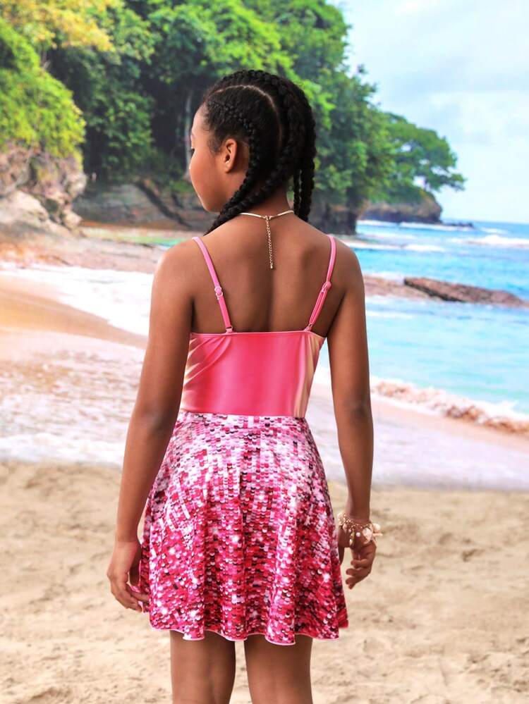 Tween Girls' Ombre Ruffle One-Piece Swimsuit With Glitter Effect Printed Kimono Cover-Up Skirt Summer Swimming,Beach