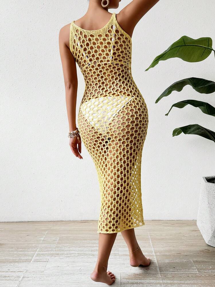 Solid Color Hollow Out Knitted Round Neck Sweater Dress
