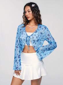 SHEIN Qutie Butterfly & Lace Patchwork Semi-Sheer Sweet & Cool Strap Top For Women