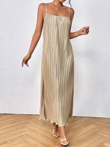 SHEIN Essnce Chất rắn Plisse Váy Dây - Màu Khaki - Xem 4