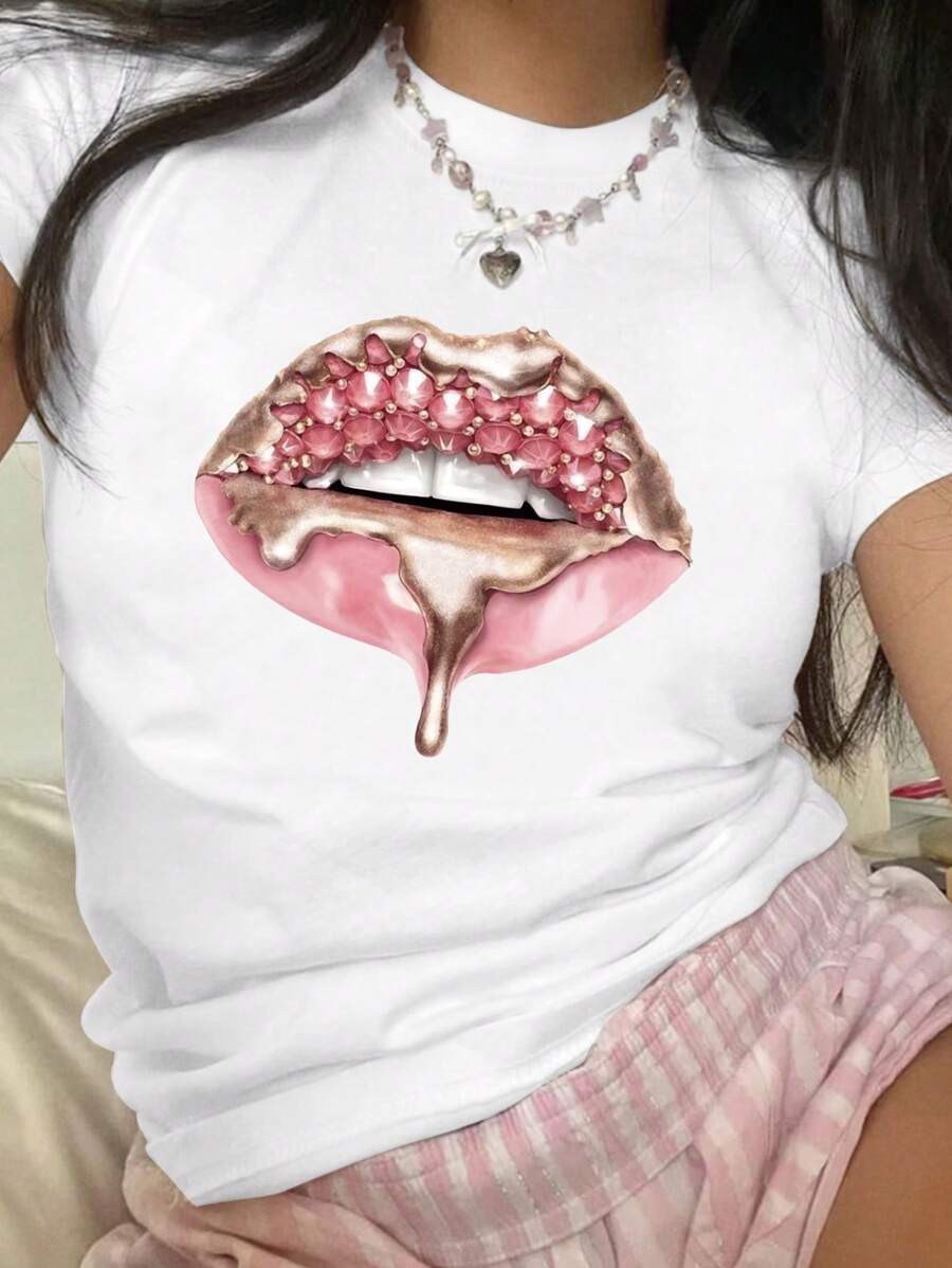 INAWLY Lips Printed Short Sleeve T-Shirt - White - View 1
