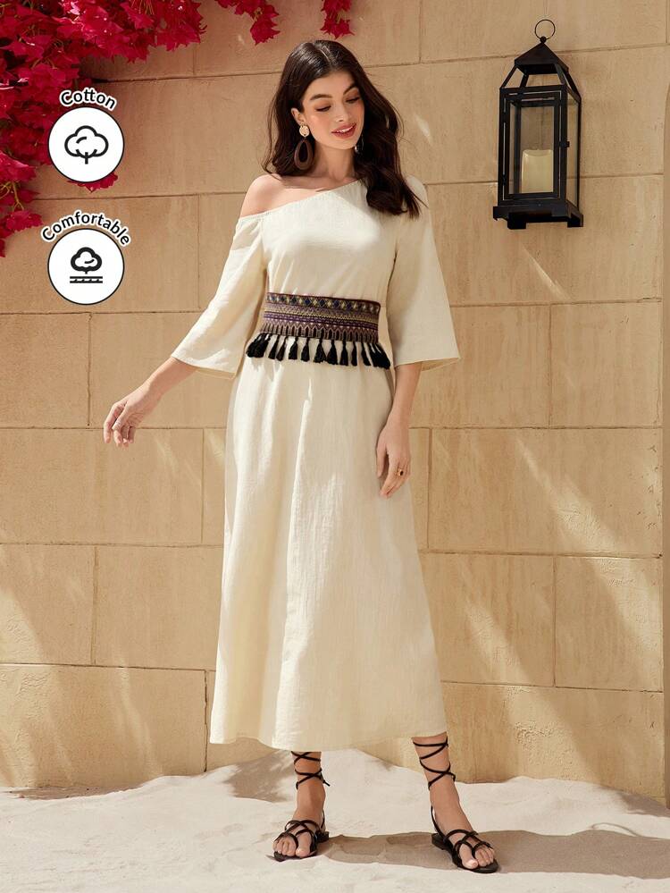 Women's Waist Cinched Dress With Braided Straps And Tassel Decorations