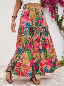 Vivid Eden Summer Women's Long Flower Printed Loose Skirt With Ruffled Hem - Multicolor - View 3