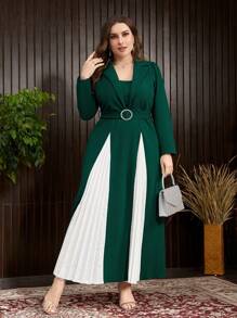 Modelyn Plus Size Color Block Plisowana Sukienka Z Kołnierzykiem Z Klapami I Paskiem W Talii Maxi Strój Damski Długie Sukienki Wieczorowe