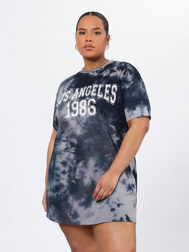 Plus Size Letter And Tie Dye Printed T-Shirt Dress