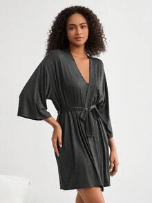 Ocili Leisure Ultra-Soft Plain Bathrobe With Blended Fabric For Silky Smooth Home-Wear Sleepwear - Dark Grey - View 6