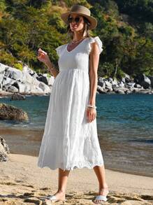 SHEIN Tropical Vacation V-Neck Ruffle Trim Sleeve Maternity Midi Dress - White - View 3