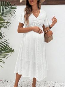 SHEIN Maternity V-Neck Flutter Sleeve Schiffy Dress - White - View 5