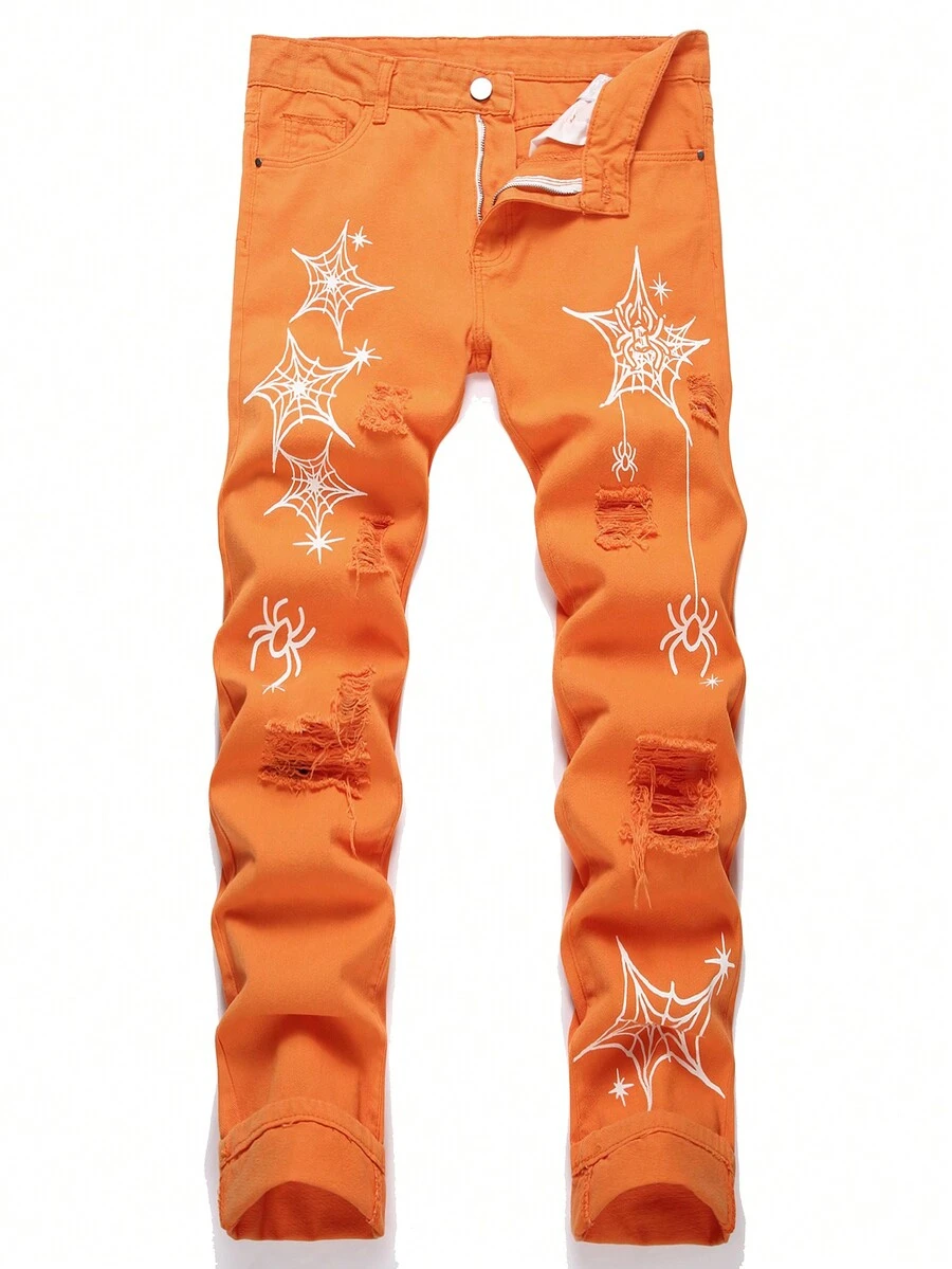 万圣节男士蜘蛛网印花破洞牛仔裤 - 橘色 - 查看 1