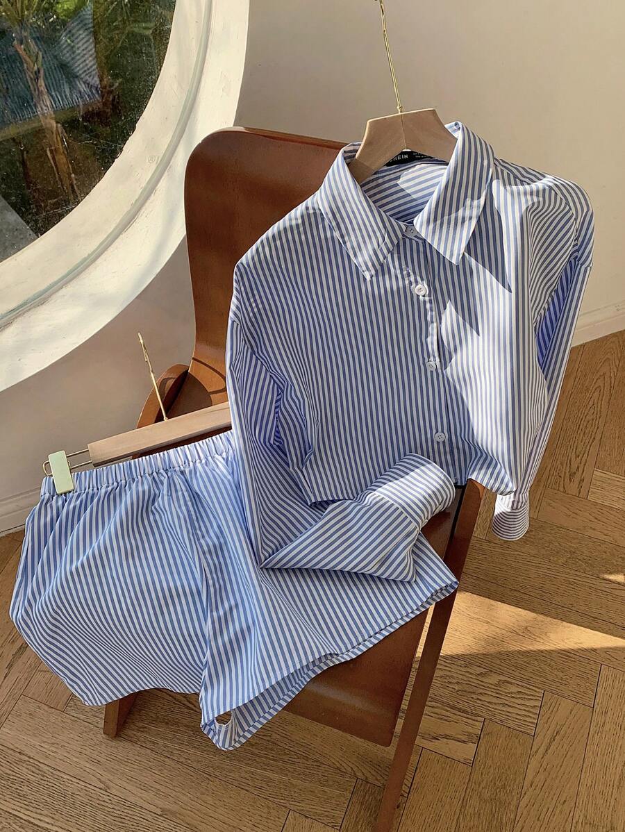 SHEIN EZwear Plus Size Spring/Summer Vacation Shirt & Shorts 2 Pieces Set