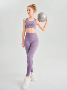 SHEIN 青少女運動健身套裝，包括桃臀彈力背心和長褲，適用於戶外運動 - 棕色 - 查看 3