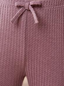 SHEIN Conjunto de pijama tejido para niña adolescente con parte superior de cuello redondo y pantalón de unicolor - Púrpura polvoriento - Ver 6