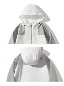 男士春秋時尚休閒彩塊拉鍊前帶束帶帽夾克 - 淺灰色 - 查看 3