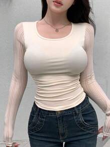 Dazy Designer Áo thun cổ tròn họa tiết lưới thiết kế tương phản dành cho nữ - Xám - Xem 3