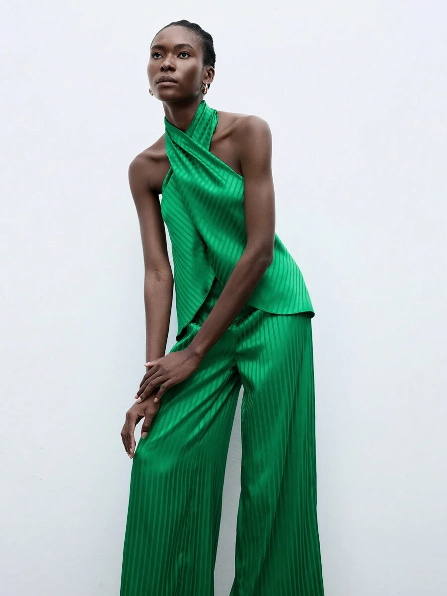 Maija Green Striped Casual Women's Halter Top And Wide Leg Pants Outfit - Green - View 1