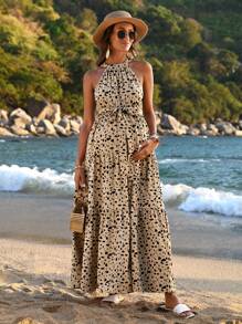 SHEIN Maternity Allover Print Halter Neck Dress With Ruffled Hem - Khaki - View 5