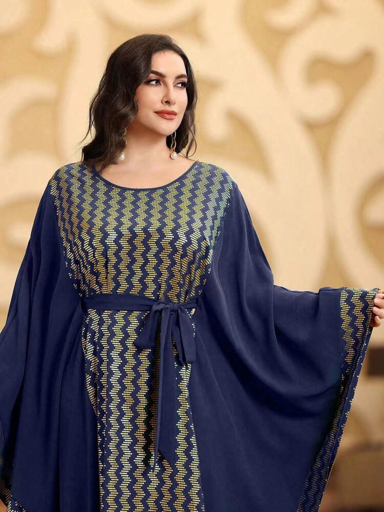 Al Najma Plus Size Printed Patchwork Batwing Sleeve Dress Kaftan Jalabiya Dress - Navy Blue - View 5