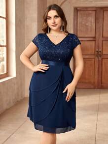 Sequin Lace V-Neck Ruffle Hem Chiffon Cocktail Dress, Suitable For Valentine's Day, Dinner Date, Graduation Ceremony, Homecoming - Navy Blue - View 4