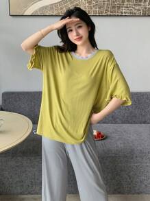 DAZY Simple Loose Fit Frill Edge Top And Pants Homewear Set Pajama - Green - View 5