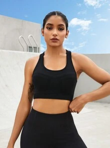 Easithlete Solid Color Round Neck Cut Out Sports Bra With Workwear Style Backless Sports Brayoga Suitblack Sports Brahigh Support Sports Bra - Black - View 8