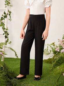 SHEIN Tween Girl Elegant & Minimalist Tweed Pants With Waist Pleats And Side Invisible Zipper - Black - View 1