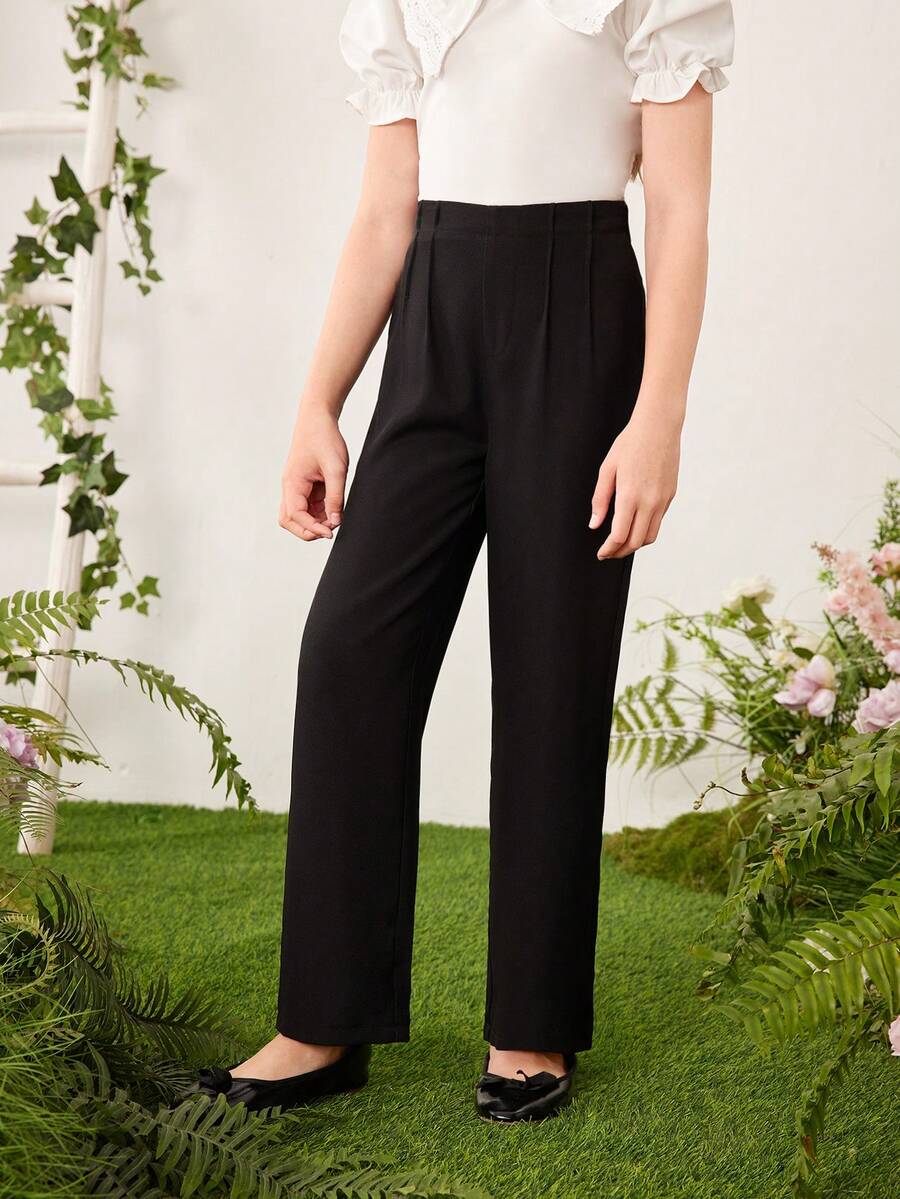 SHEIN Tween Girl Elegant & Minimalist Tweed Pants With Waist Pleats And Side Invisible Zipper - Black - View 1