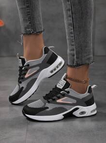 Women's Solid Color Mesh Sneakers, Lace Up Breathable Flat Air Cushion Sporty Trainers, Lightweight Low-Top Shoes