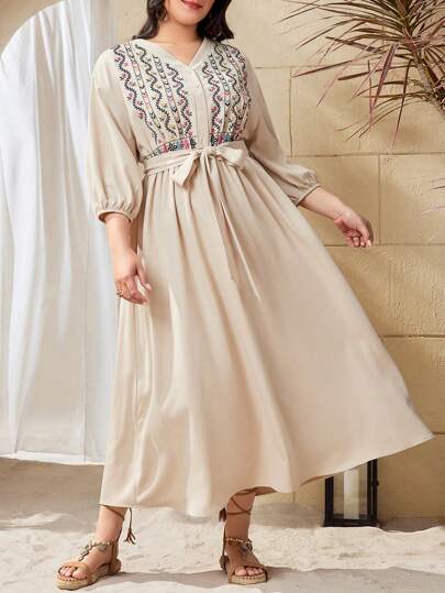 Mulvari Plus Size Women's Floral Embroidery Drop Shoulder Sleeve Dress