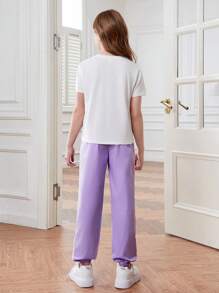 青少女字母印花圓領T恤和心形鬆身長褲套裝，帶有彈性口袋 - 彩色 - 查看 2