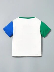 SHEIN Young Boys' Loose Fit Casual Round Neck Color Block T-Shirt With Letter Print