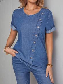 EMERY ROSE Áo denim Với Nghiêng Không nút Và - Màu xanh lam - Xem 5