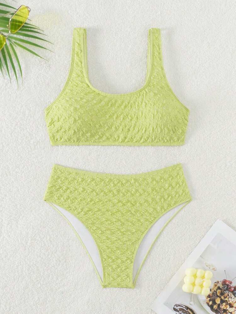 Solid Texture Twist Back Bikini Set Summer