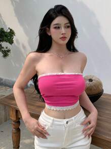 DAZY Áo ống phối ren và họa tiết hoa cho nữ, Áo đi chơi lễ hội, Áo crop top gợi cảm cho nữ, Quần áo trở lại trường - Hồng - Xem 2