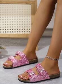 2024新春季大尺碼女士平底涼鞋,歐美風格的開趾拖鞋 - 粉色 - 查看 3