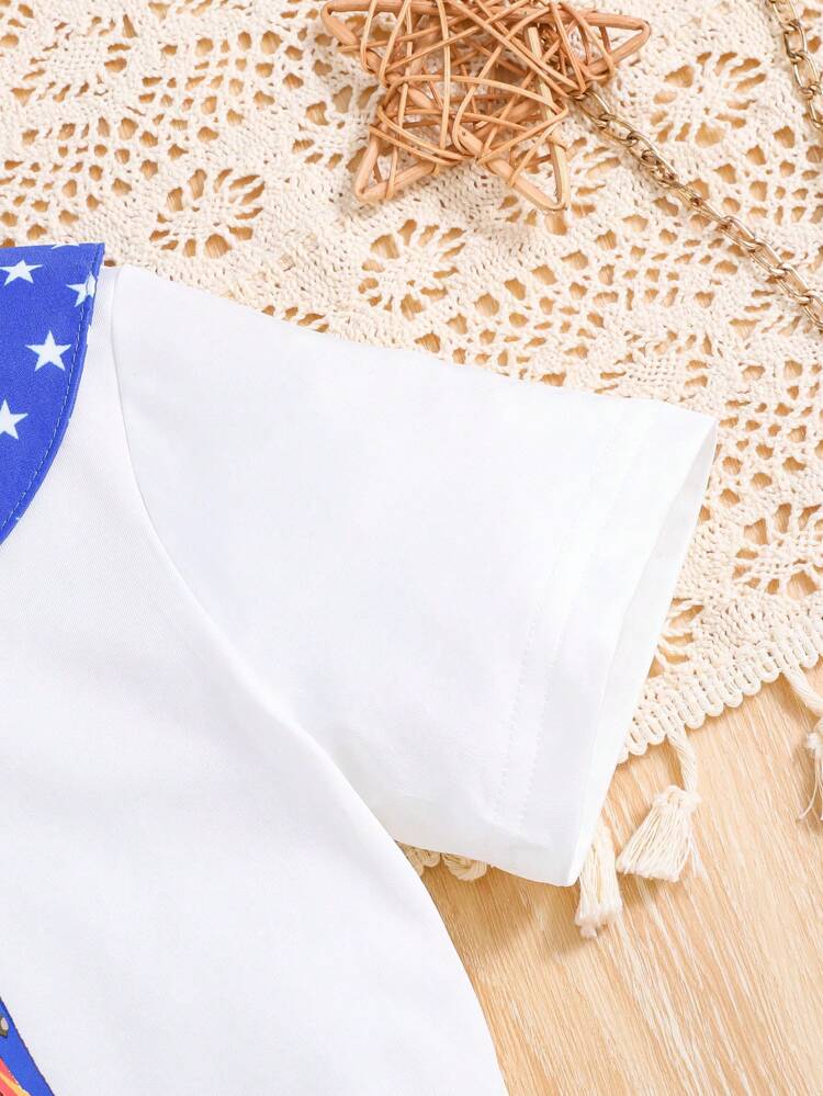 Young Girl Cute Peter Pan Collar Short-Sleeved Top And Skirt 2-Piece Set With Printed Patchwork