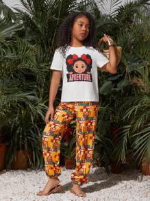 SHEIN Conjunto De Camiseta De Manga Corta Impresa Con Personajes Y Pantalones Estampados De Longitud Completa Para Niñas, Uso Diario Casual En Primavera Y Verano - Blanco - Ver 6