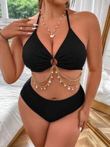Swim Vcay Conjunto De 3 Piezas Separables Con Corbata Halter Decorada Con Cadena De Metal De Talla Grande Para Mujer