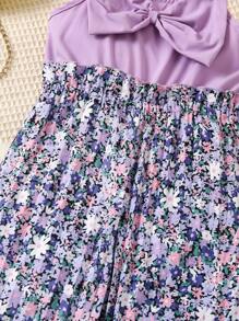 SHEIN 年輕女孩花卉圖案連體褲,帶蝴蝶結裝飾和遮陽帽,適合度假