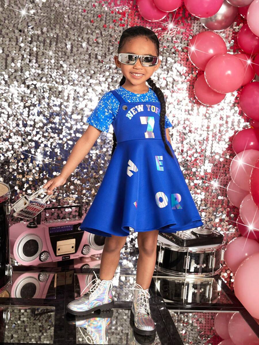 SHEIN Set Aus Bedrucktem Top Mit Perlenmuster Und Spaghettiträger Kleid Mit Buchstabenmuster Für Kleine Mädchen