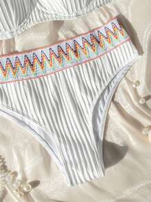 SHEIN Swim Summer Beach Embroidery Woven Texture Bikini Swimwear Set - White - View 7