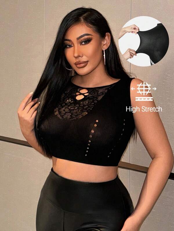 SHEIN SXY Valentine's Day Casual Women's Black Sexy Seamless High Elastic Silk Nightclub Party Tight Neckline Details Hollow Fishnet Sleeveless Tight High Elastic Tank Top