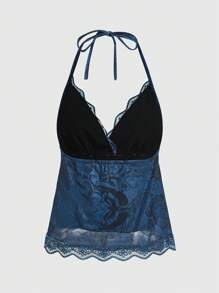 ROMWE Hippie Mermaid Starfish Print Contrast Lace Halter Top - Navy Blue - View 2