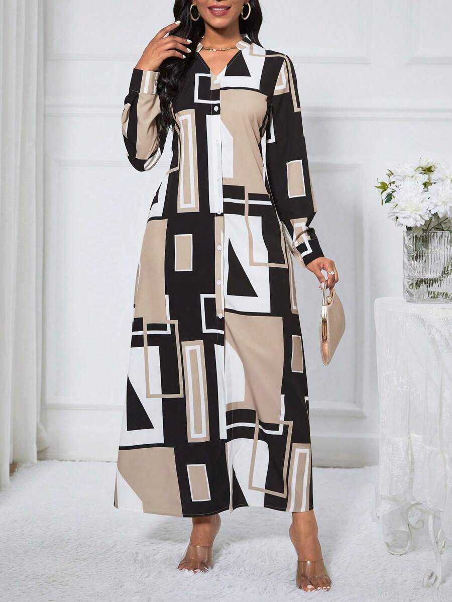 SHEIN Clasi Women's Geometric Pattern Dress Maxi Women Outfit Fall Cloth For Women - Khaki - View 1