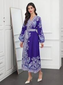 Seusyu Vestido Cruzado De Mujer Con Mangas De Linterna Y Estampado De Cachemira - Multicolor - Ver 3