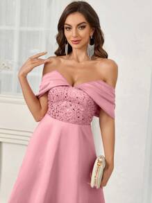 SHEIN Belle Elegant Pink One-Line Shoulder Multi-Fold Three-Dimensional Fish Bone Modified Body Shape Fine Flash Piece Splicing Woven Satin Off Shoulder Beaded Flared Skater Cocktail Dress - Dusty Pink - View 1